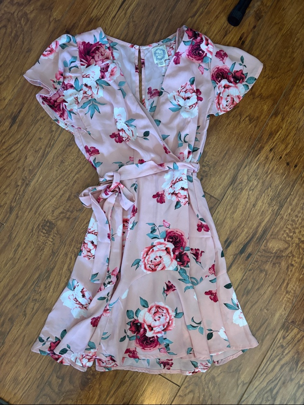 Francesca’s Pink Floral Wrap Mini Dress